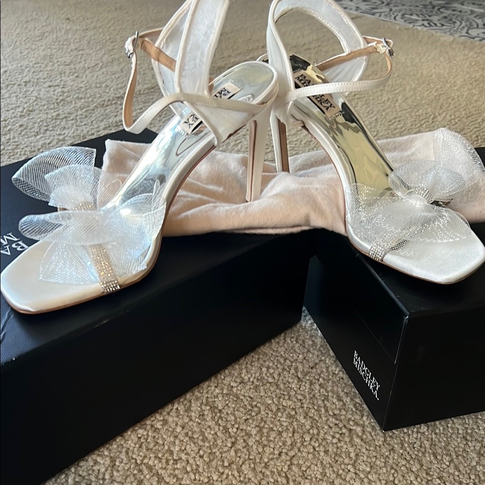 Badgley Mischka White Satin Strappy Heels